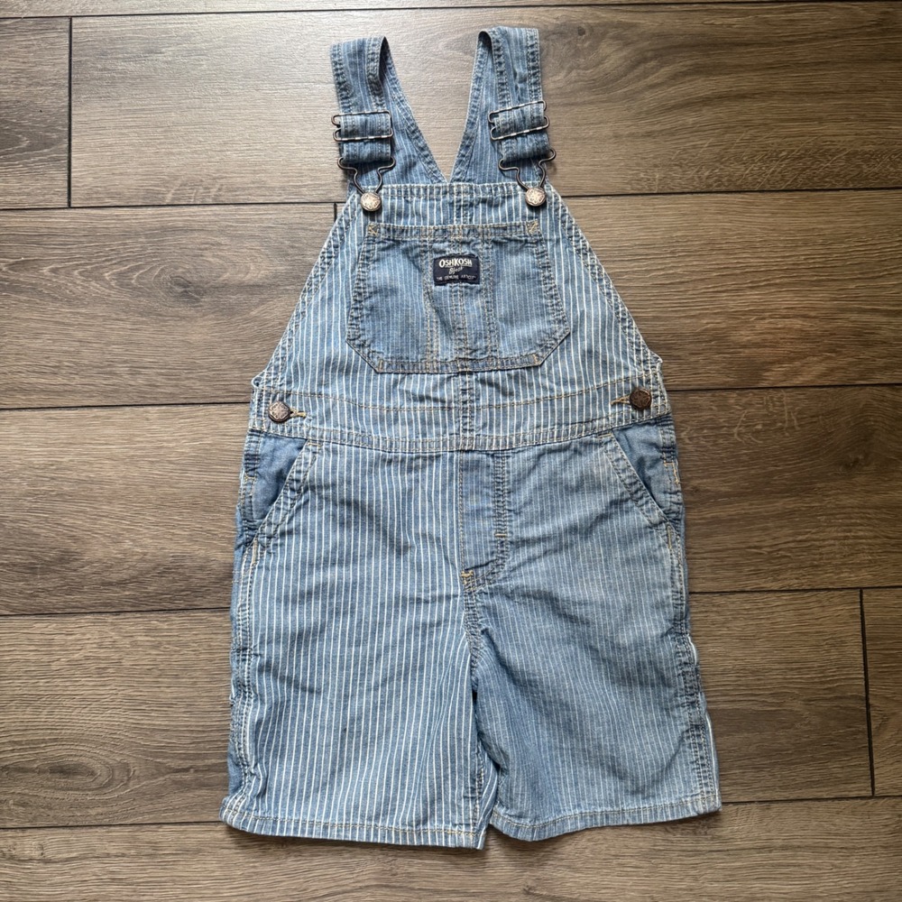 Vintage y2k OshKosh Bgosh Toddler 5T Hickory Stripe Denim Shortalls Blue White